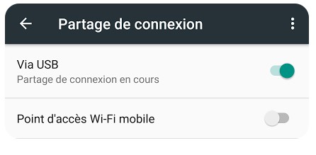 Param&egrave;tres Android partage de connexion en USB